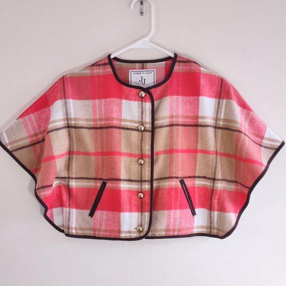 Janie and Jack Pink & Tan Wool Cape Jacket Girl's Size 3 - 4  Preppy Plaid - Picture 2 of 7
